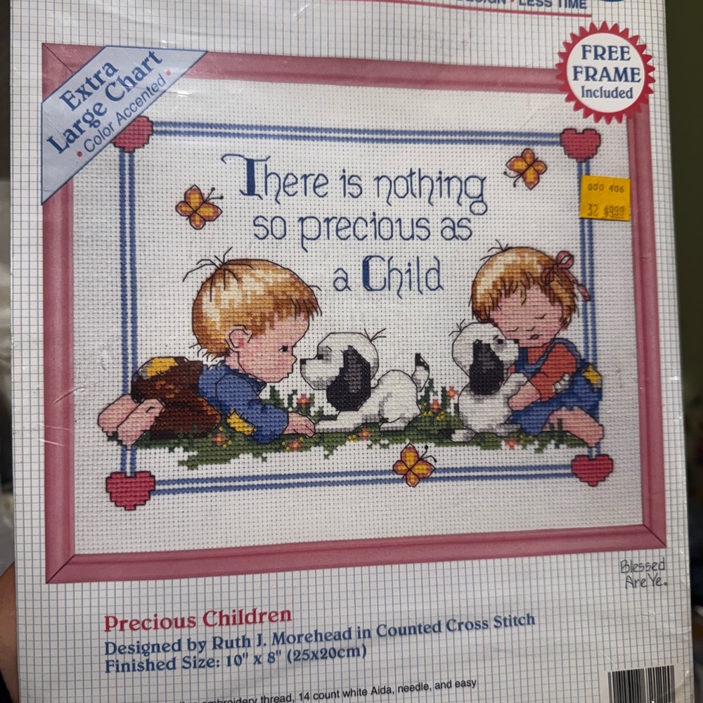 Charming Children Cross Stitch Kit with Pink Frame NEW never opened!